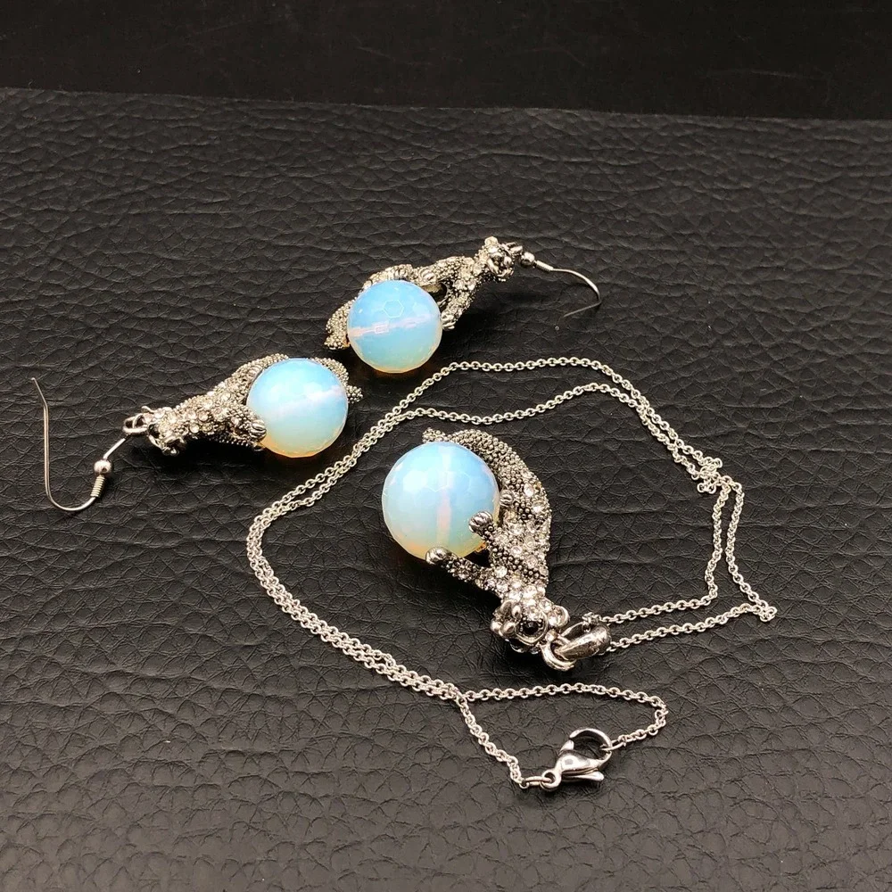 Crystal Cheetah Necklace and Pierced Earrings Set Jaguars Dancing on Glass Balls